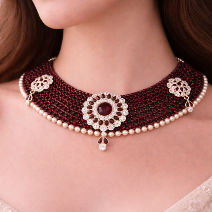 Pearl-trimmed maroon beaded choker with ornate floral motifs